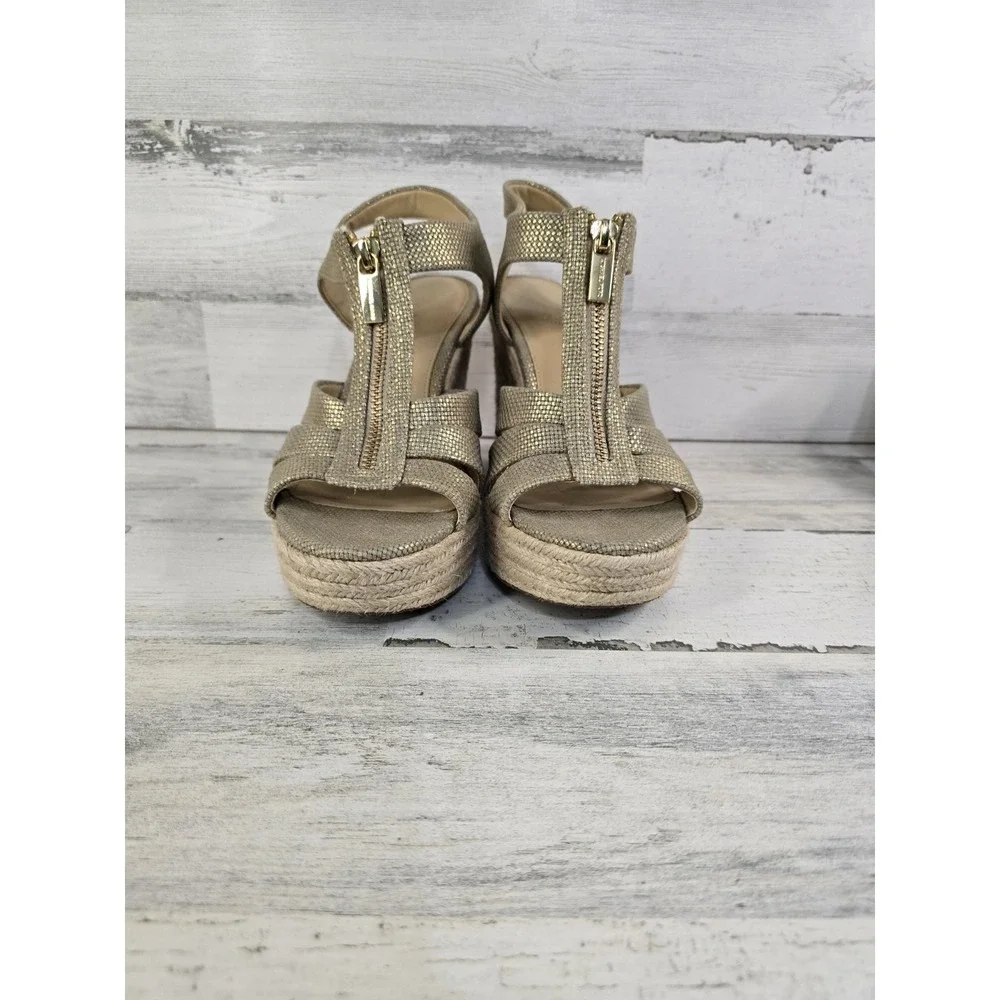 Michael Kors Gold Metallic Espadrille Wedge Sandals Front Zip Platform Mens 8.5M